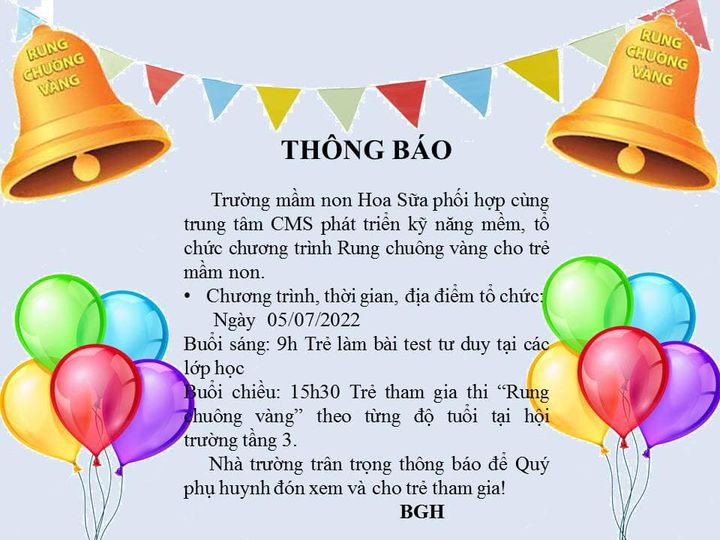 THÔNG BÁO CHƯƠNG TRÌNH RUNG CHUÔNG VÀNG CỦA TRƯỜNG MẦM NON HOA SỮA 