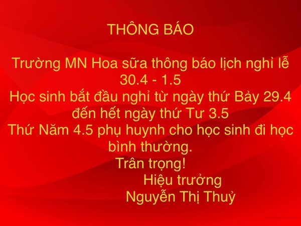 THÔNG BÁO LỊCH NGHỈ LỄ
