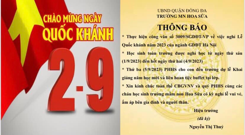 THÔNG BÁO LỊCH NGHỈ LỄ 2/9