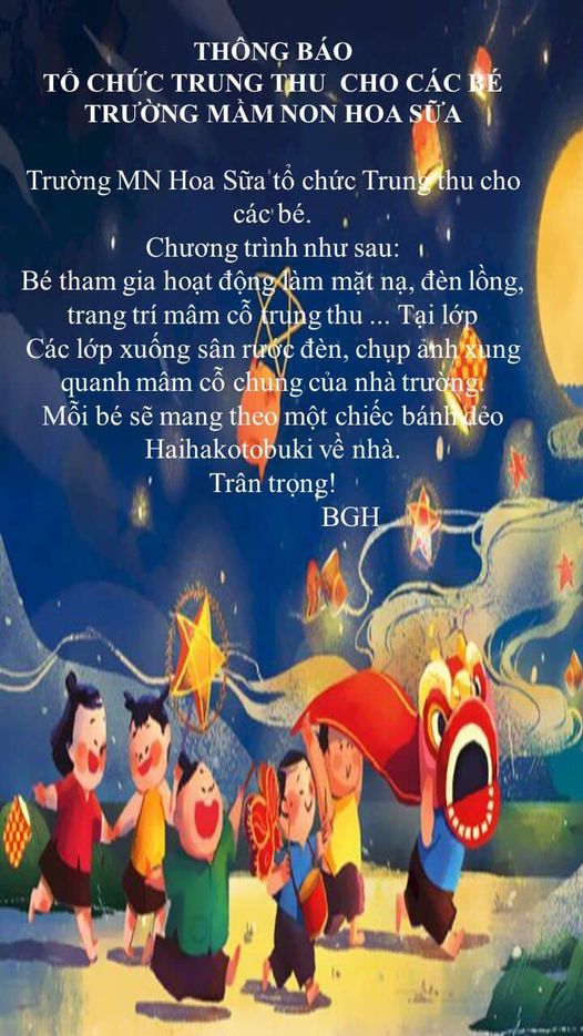THÔNG BÁO TỔ CHỨC TRUNG THU  CHO CÁC BÉ  TRƯỜNG MẦM NON HOA SỮA