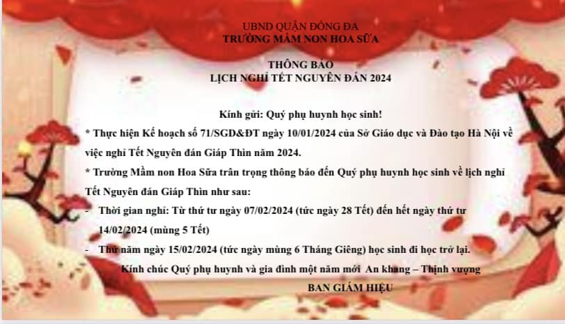 ❤️❤️❤️Kính gửi Quý PHHS trường mầm non Hoa Sữa lịch nghỉ Tết Nguyên đán 2014!🎉🎉🎉