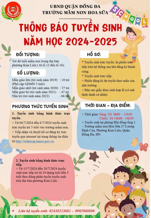 🔔🔔🔔Kính gửi quý PHHS thông báo tuyển sinh của trường mầm non Hoa Sữa năm học 2024-2025!❤️❤️❤️